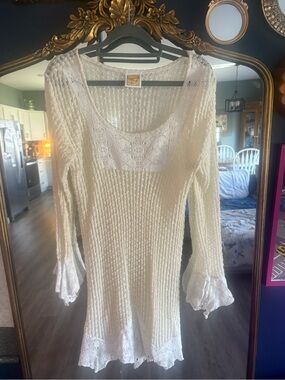 Cream Crochet Knit Long Sleeve Tunic